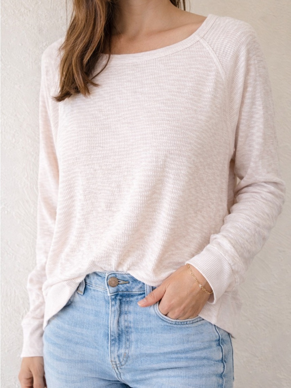 Left of Center Anthropologie Waffle Knit Top XS | Cream Minimalist Boho